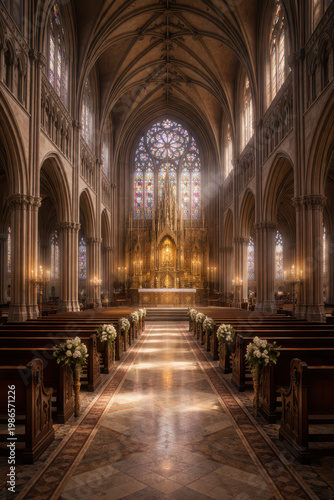 Interior of a grand church with stained glass windows and floral decorations.