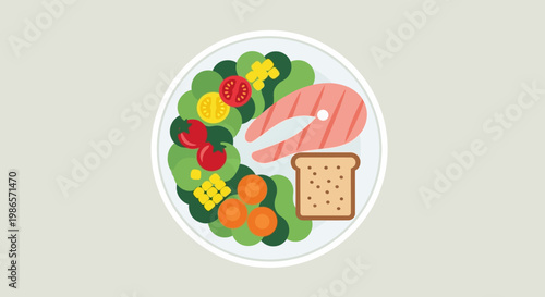 Balanced Plate: A visually appealing illustration of a balanced meal showcases fresh ingredients arranged harmoniously, symbolizing health and nutritional balance.