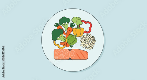 Nutritious Plate Presentation: A beautifully arranged plate showcasing the vibrant diversity of healthy foods, with fresh vegetables and fish in a visually appealing composition.
