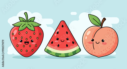 Cheerful Fruit Trio: A vibrant cartoon composition showcasing a playful strawberry, a refreshing watermelon slice, and a delightful peach. Each piece radiates joy, making this a fun image.