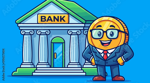 Cartoon Banker Beside Bank Building Illustration.