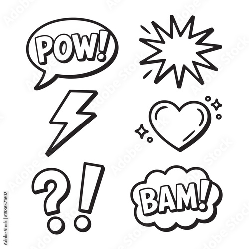 Retro comic book style sticker icons with pow and bam sound effects.