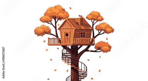 A charming wooden treehouse nestled in a tree with orange autumn leaves, featuring a spiral staircase and smoking chimney on a white background.
