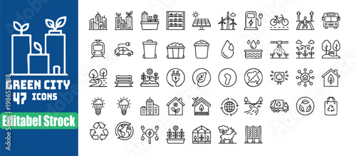 Collection of fortyseven green city lifestyle and sustainability icons with transparent background
