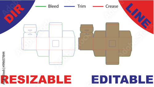 Packaging box templates with bleed, trim, and crease lines