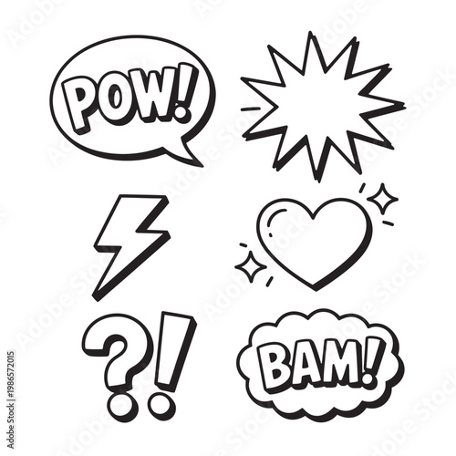 Monochrome comic style speech bubbles and pop art design elements set.