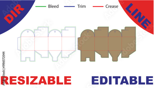 Packaging box with bleed, trim, and crease lines, flat lay