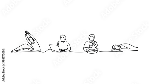 Continuous line drawing of four people relaxing and working on devices in a calm setting with minimalistic art style line art