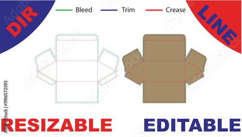 Packaging diagram showing bleed, trim, and crease lines with color labels
