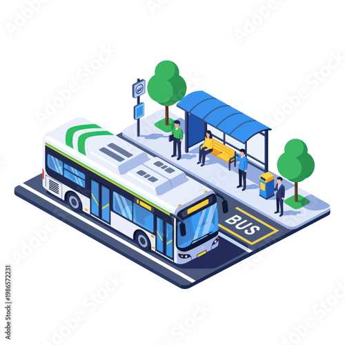 Modern Bus Stop with Articulated Bus and Passengers.
