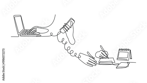 Continuous line drawing of hands typing on a laptop and making notes while on a landline phone call representing multitasking and communication in modern business environments line art