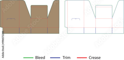 Packaging layout diagram with bleed, trim, and crease lines in orange and white