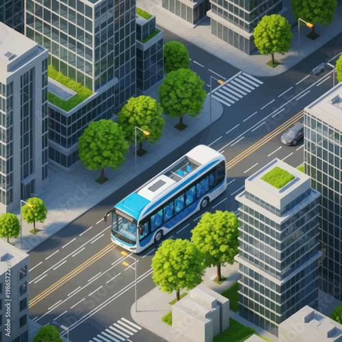 Modern City Bus Driving on a Busy Street.