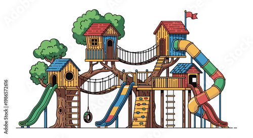 Detailed flat vector illustration of a colorful multi-level playground featuring slides, rope bridges, and clubhouses, perfect for park and recreation themes.