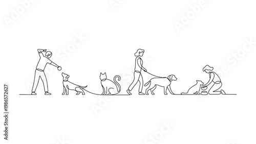 Continuous line drawing of people walking and playing with their pets  a cat and several dogs on leashes line art