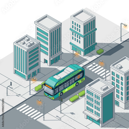 Modern Electric Bus Driving Through City Streets with Buildings.