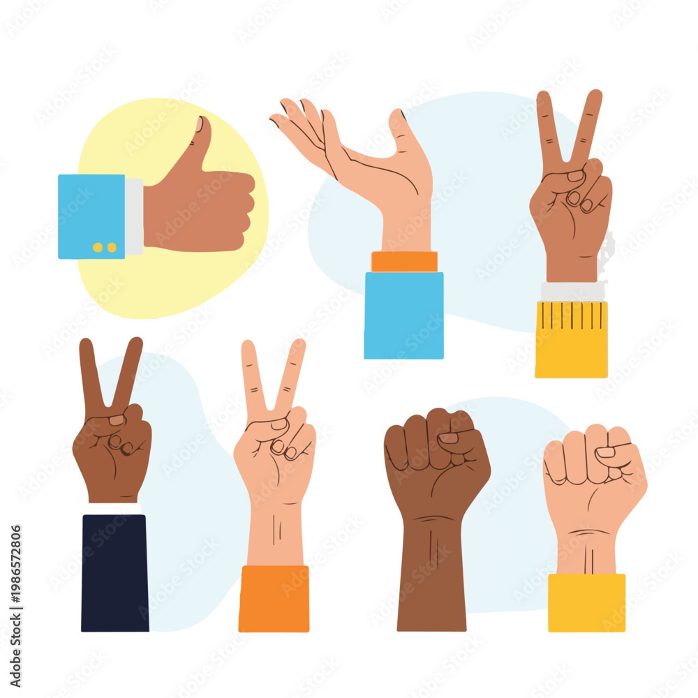 Fototapeta premium A colorful illustration of seven hands with different gestures