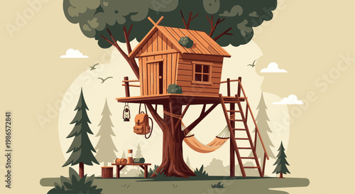 A charming wooden treehouse nestled in a serene forest, featuring a hammock and camping gear in a whimsical flat vector style. Perfect for adventure and nostalgia themes.