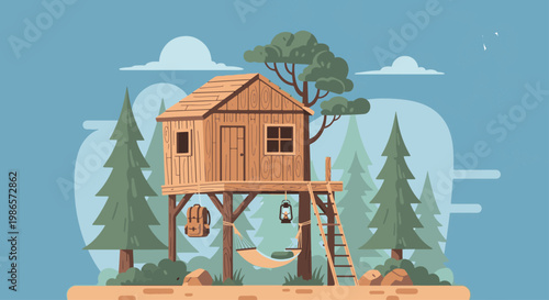 Charming flat vector illustration of a wooden treehouse cabin with a hammock and lantern in a serene forest setting, perfect for travel and lifestyle themes.
