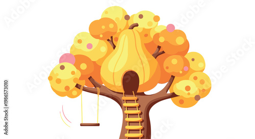 A magical pear-shaped treehouse with a ladder and swing. This charming vector illustration captures the essence of childhood imagination and fairytale adventure.