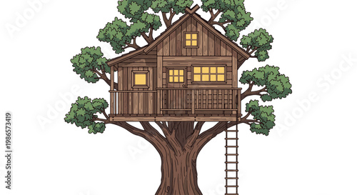 A charming, hand-drawn wooden treehouse with glowing windows and a rope ladder, perfect for adventure and nature-themed projects.