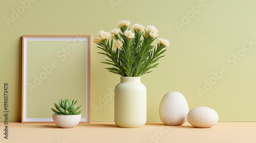 Empty vertical wooden frame mockup standing next to a vase with white flowers and succulent on a beige surface against a pale green wall, minimalistic interior design concept
