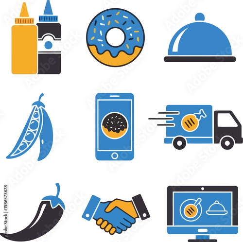 Food delivery icons with smartphone and computer, online ordering and takeout concept
