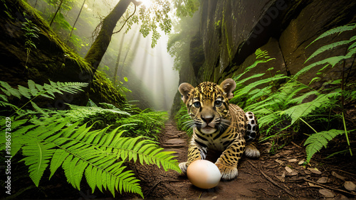 A young jaguar cub settling into a calm posture in and painting eggs playfully,  
