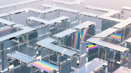 Abstract geometric maze made of transparent crystal glass blocks with rainbow light refraction and prism effects on a clean grey background
