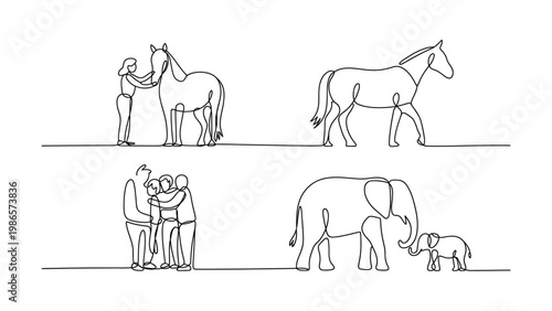 Continuous line drawings of people interacting with animals and elephants  family love and pets line art
