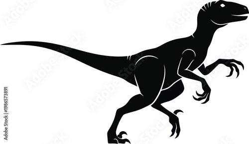 black silhouette of a dinosaur, a velociraptor, on white background