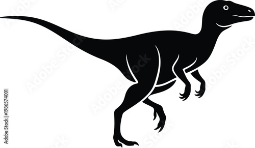 black silhouette of a dinosaur, a velociraptor, on white background
