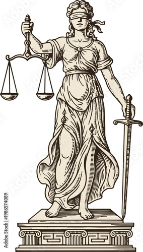A hand-drawn vintage engraving of Lady Justice with scales and sword, symbolizing law, fairness, and judicial integrity. Ideal for legal branding and academic materials.