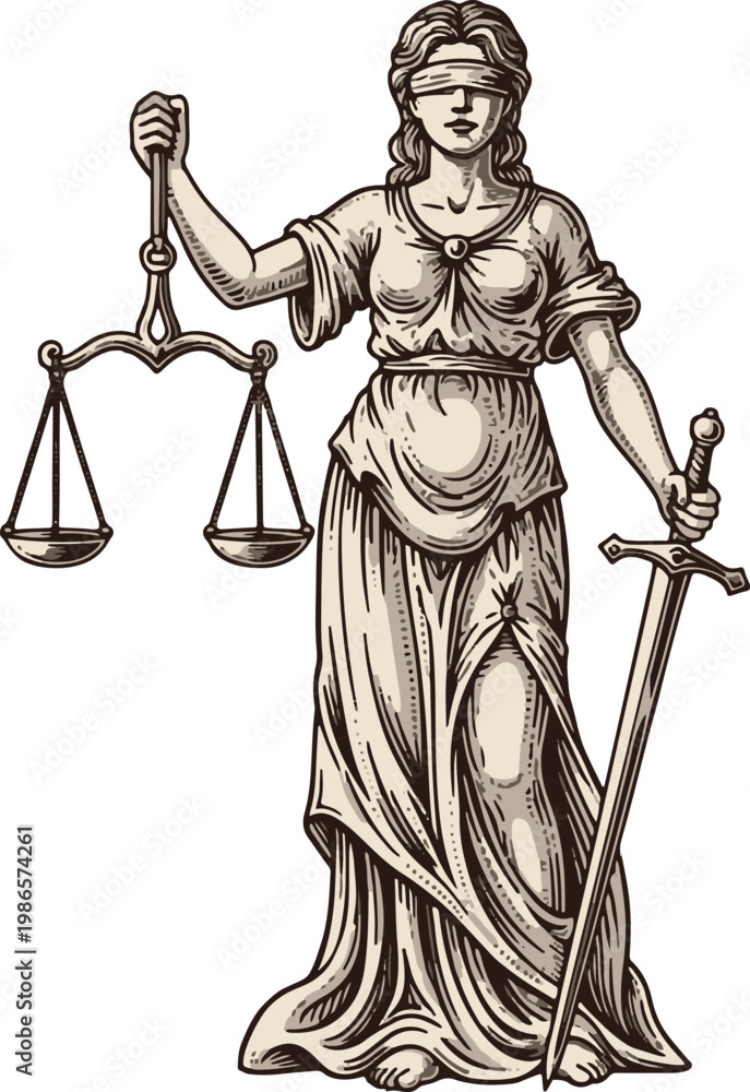 Obraz premium A classic hand-drawn engraving of Lady Justice with scales and sword, isolated on white. Ideal for legal services, law firm branding, and judicial concepts.