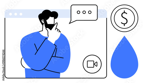 Online communication, financial planning, virtual consultation, decision-making, remote work, e-learning. Person thinking inside a browser window with speech bubbles and financial symbols. Online