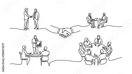 Diverse business meeting scenes depicted in a continuous line drawing style showcasing collaboration and discussion among professionals line art