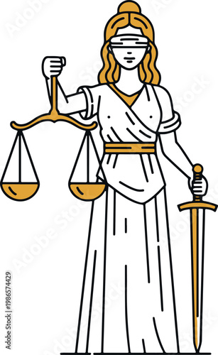 Modern minimalist line art of Lady Justice with scales and sword. Perfect for legal, judicial, and fairness-themed designs.