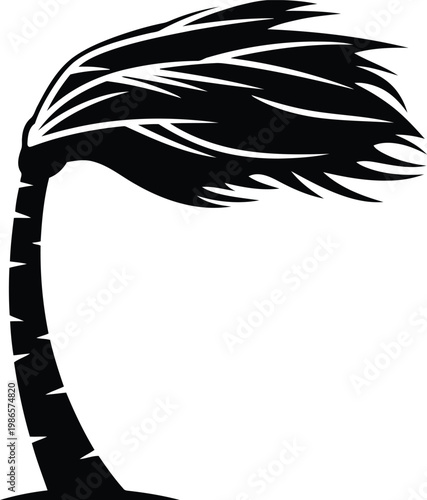 black silhouette of a palm tree blowing in the wind on white background