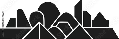 black silhouette of abstract cityscape with geometric shapes and mountains