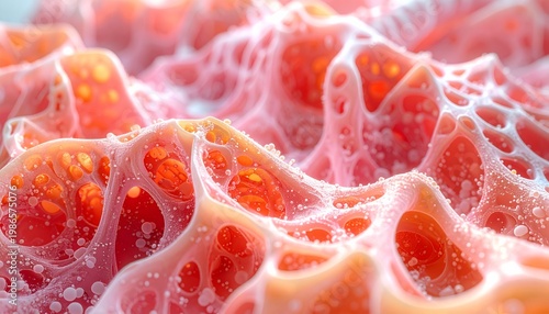 Microscopic view of cellular structures in pink and orange hues.