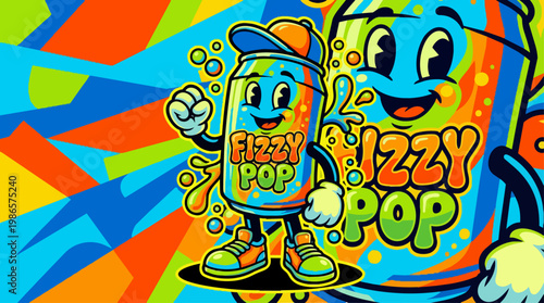 Cartoon soda can character in graffiti art.