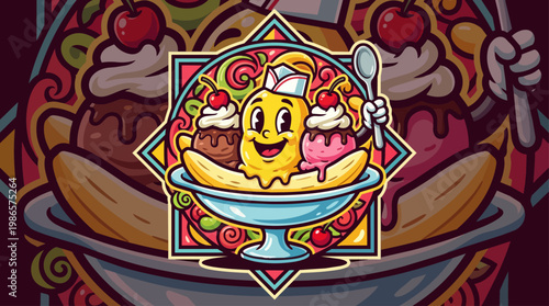 Smiling cartoon lemon in bowl dessert artwork.