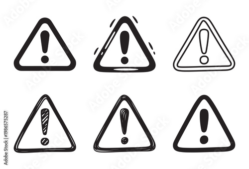 Set of hand drawn attention sign. warning danger exclamation mark triangles.