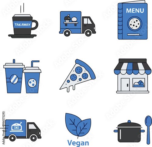 Vegan food and drink icons including truck, menu, coffee, pizza, restaurant, and more