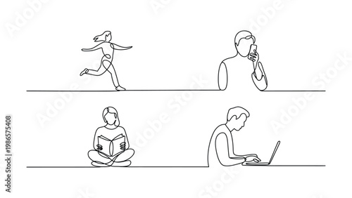 Four minimalist line art illustrations of people engaged in various activities on a white background line art