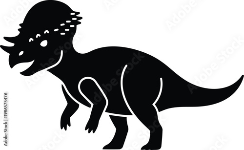 black silhouette of a dinosaur, a triceratops, on white background