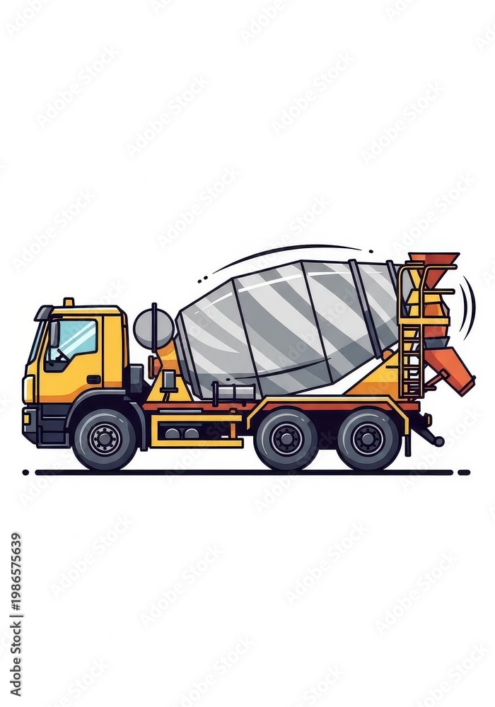 Fototapeta premium Yellow concrete mixer truck stands isolated against a white background.