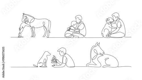 Line drawing of people and animals in various poses and activities together  family and pet love line art