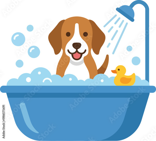 Playful dog in bath with rubber duck.