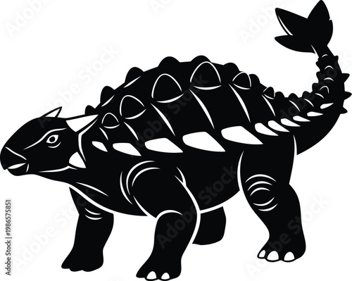 black and white illustration of an armored dinosaur